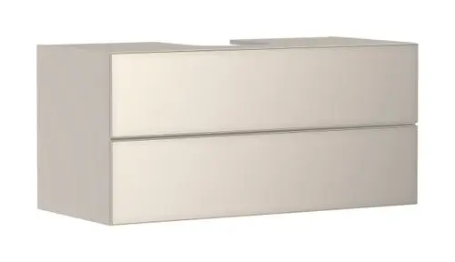 Hansgrohe Waschtischunterschrank in sandbeige Matt, minimalistische Form mit zwei Schubkästen. Ideal für moderne Badezimmer mit Konsolen-Aufsatzwaschtisch.
